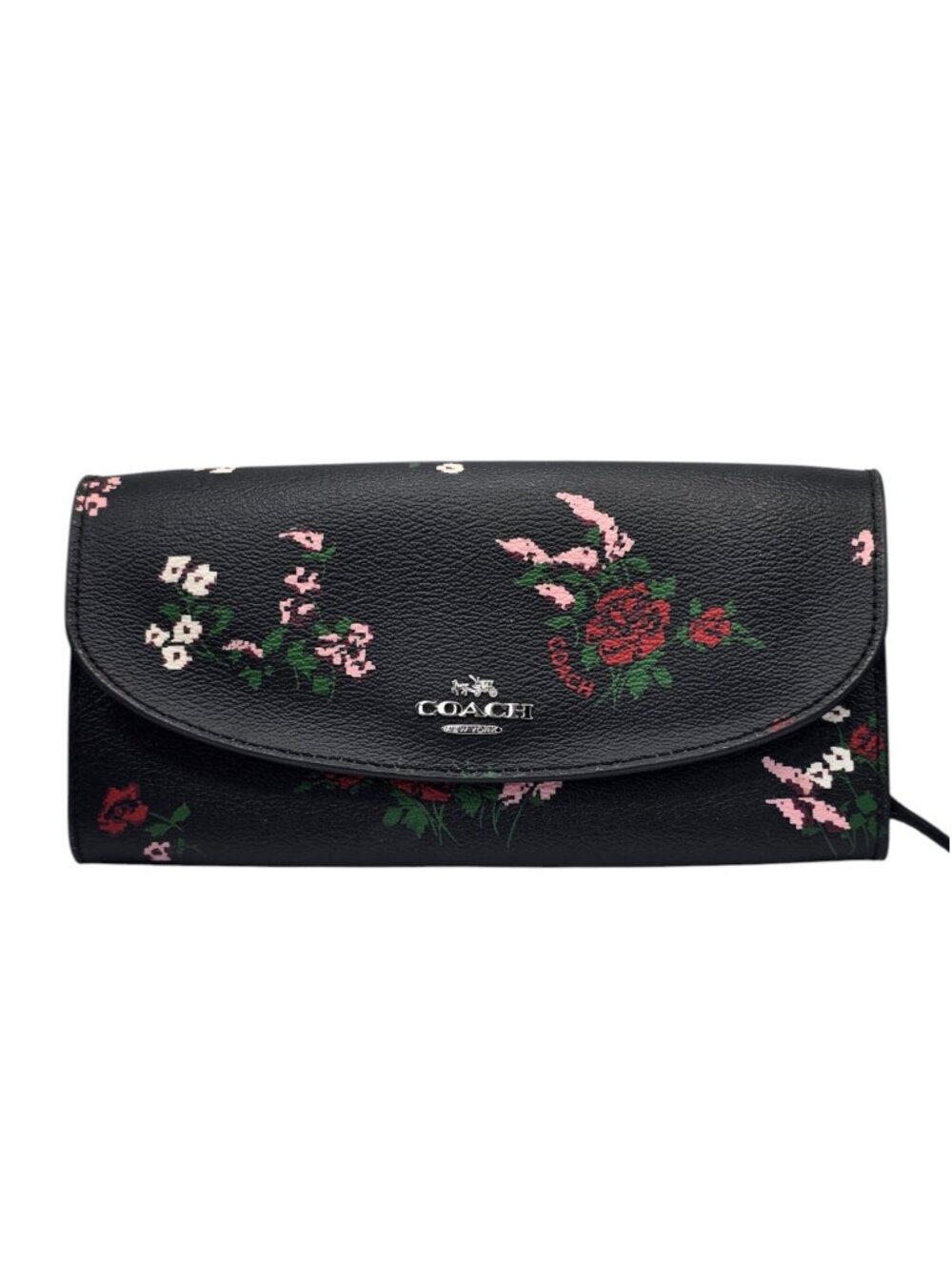 COACH Slim Envelope Wallet Black Floral Pebbled Leather EUC